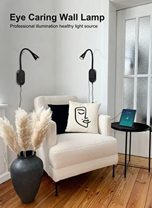 LED Wall Mount Reading Light for Bed, Reading Lamp with USB Output 5 Black