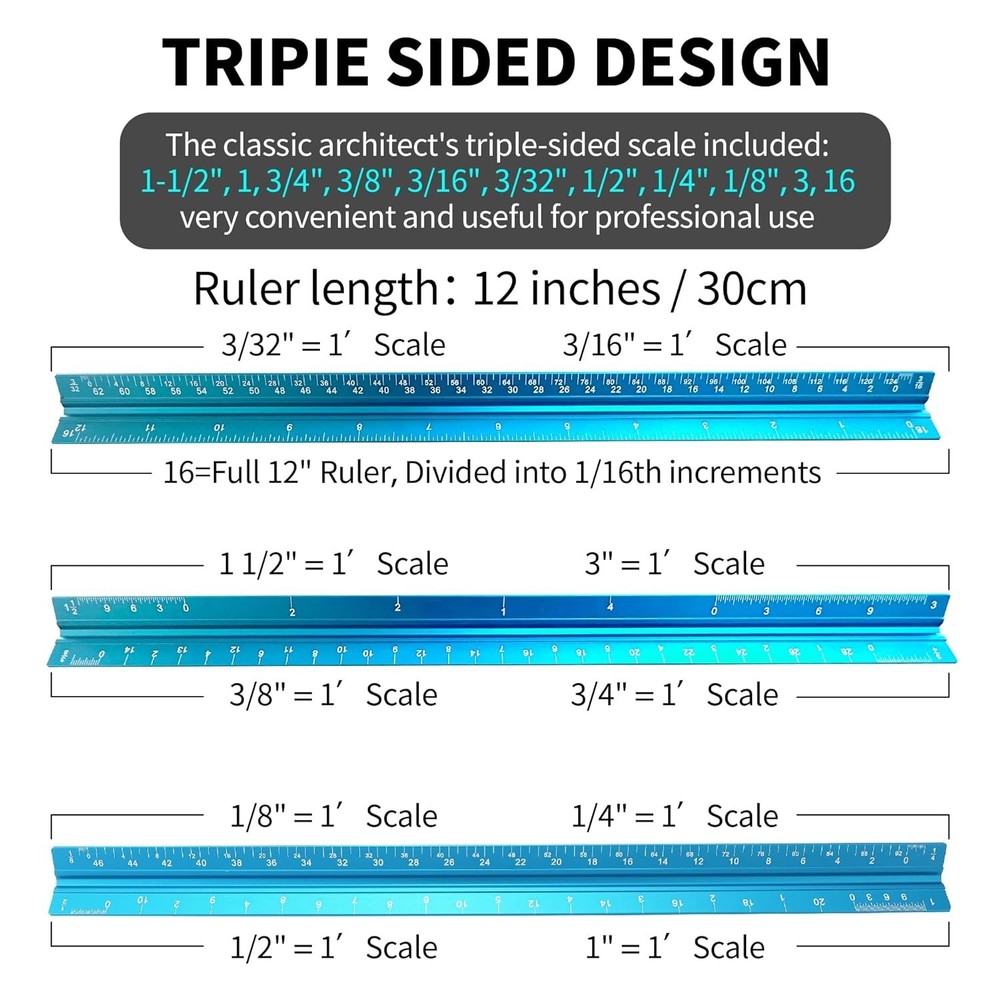 Set of 2 - 12" Imperial Aluminum Triangular Scale Ruler for Accurate Drafting