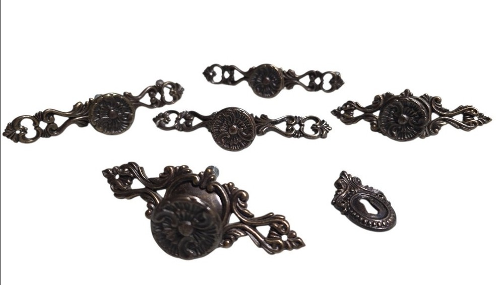 Bronze color Drawer Pulls Backplates Knobs & Keyhole Escutcheon Set