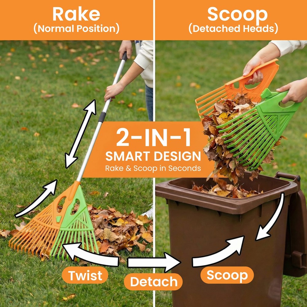 Extendable Long-Handle Leaf Grabber Rake for Leaves Grass & Debris