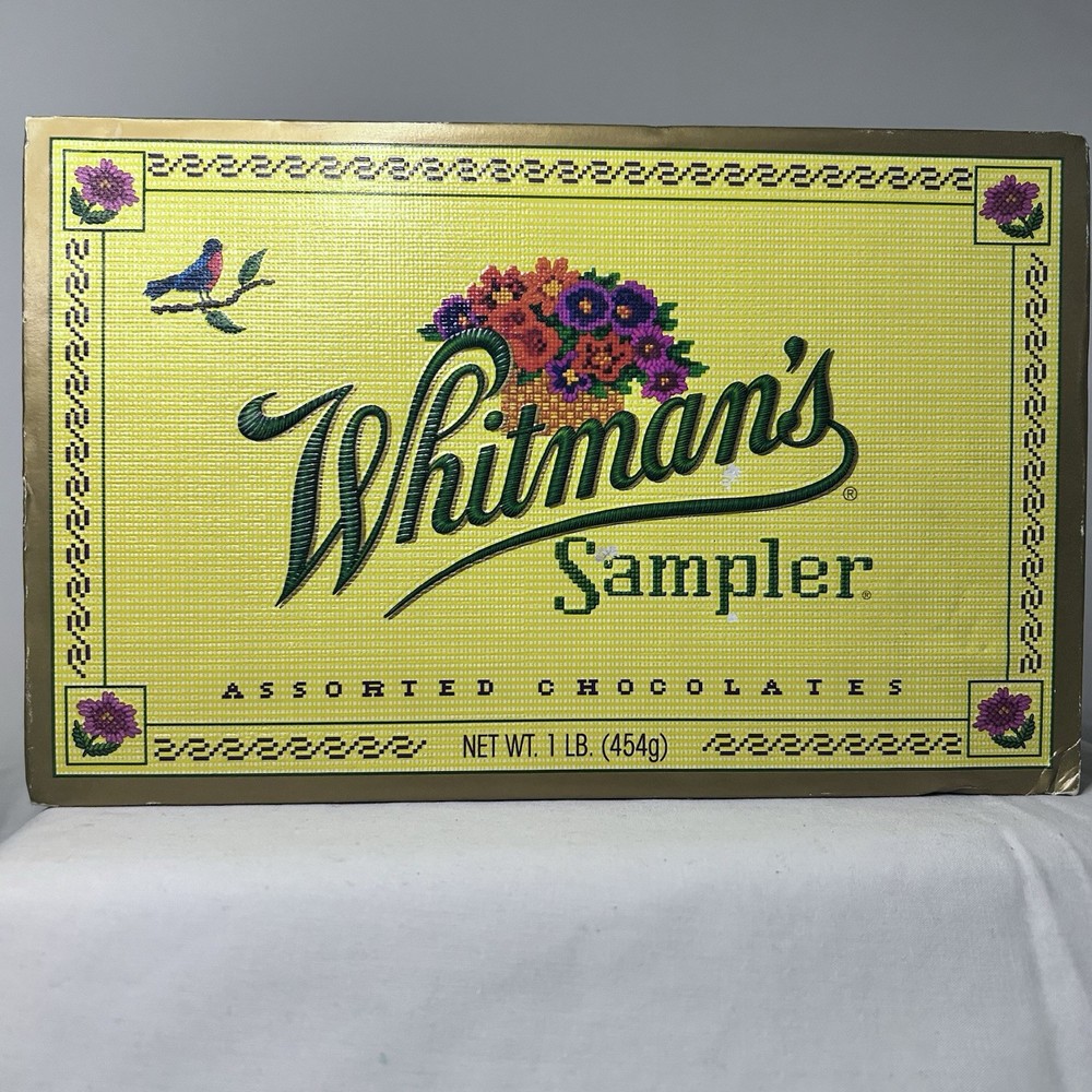 Vtg Whitman's Candy Sampler Cardboard Box -Cross Stitch Design Multi-Language