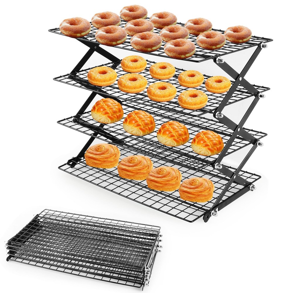 4-Tier Collapsible Cooling Rack with Adjustable 3 Setting, Wire Cooling Roast...
