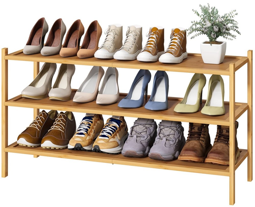 Long Shoe Rack, Wood 3-Tier Shoe Rack for Entryway, Stackable | Foldable | Na...
