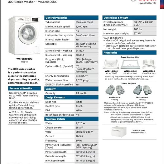 Bosch 300 Series Stackable Ventless Electric Washer and Dryer