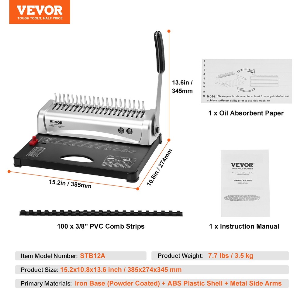 VEVOR Binding Machine Comb Binding Machine 21 Holes 100 PCS Binding Spines