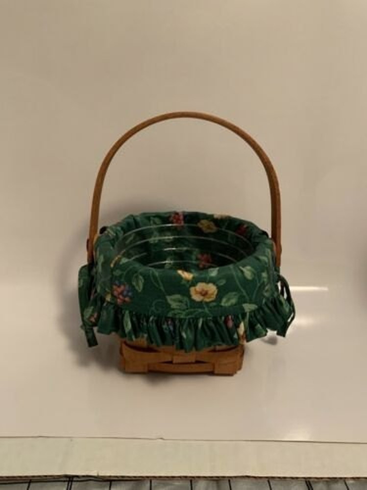Longaberger Small Swing Handle Handwoven Basket Emerald Vine Liner & Protector