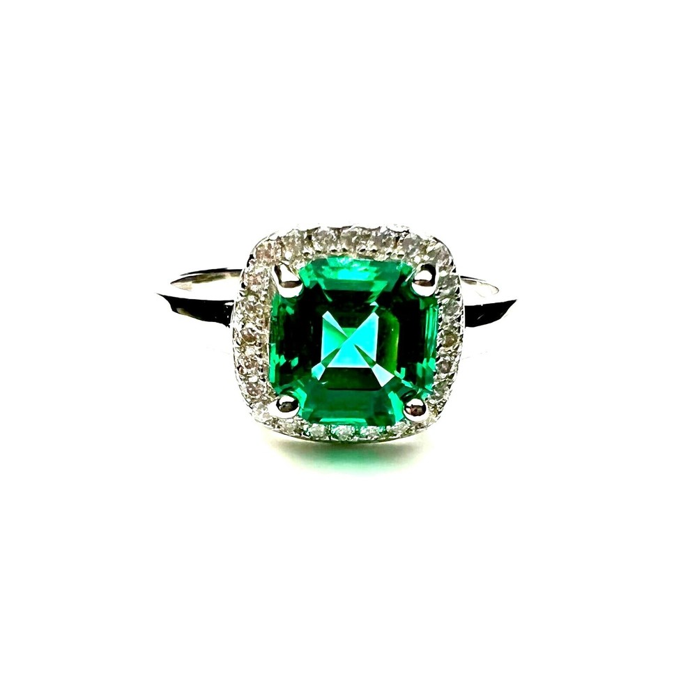 Lab Made Emerald Engagement Ring Solid Sterling Silver 925 , May birthstone