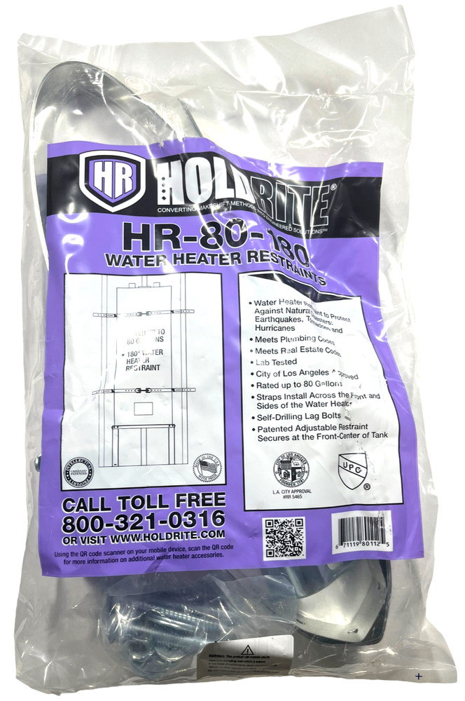 Water Heater Restraints by HoldRite 180 Degree Up to 80 Gallons HR-80-180 - NEW