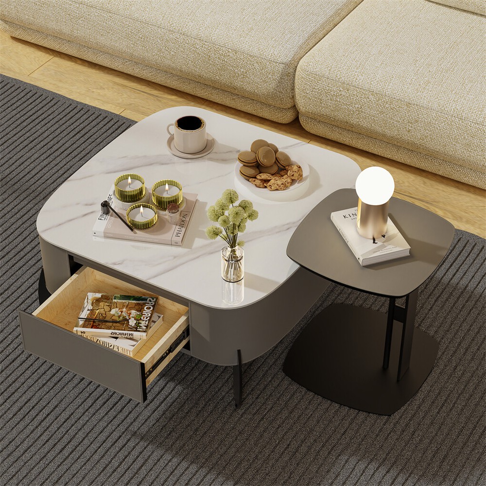 Square Marble Coffee Table Microfiber Saddle Leather Center Table with 2 Drawers