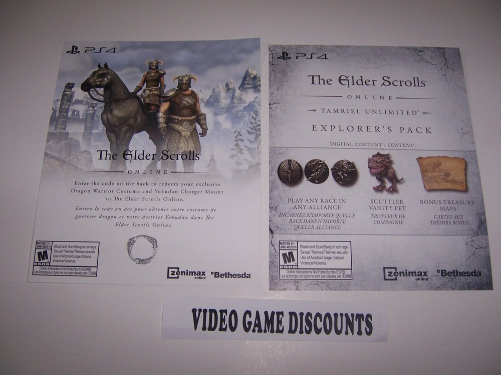 Elder Scrolls Online Explorers Pack & Skyrim DLC Codes for Playstation 4