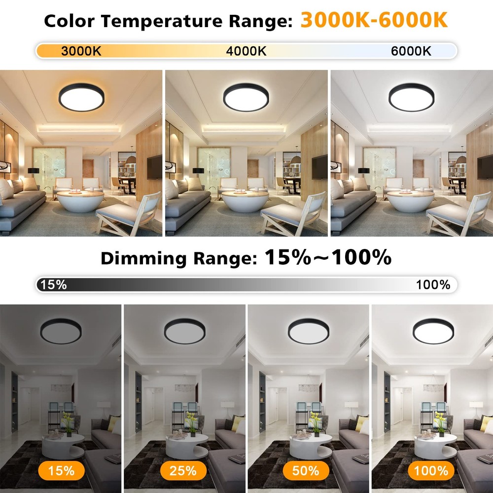Dimmable LED Flush Mount Ceiling Light with Remote Control 3000K-6000K Color