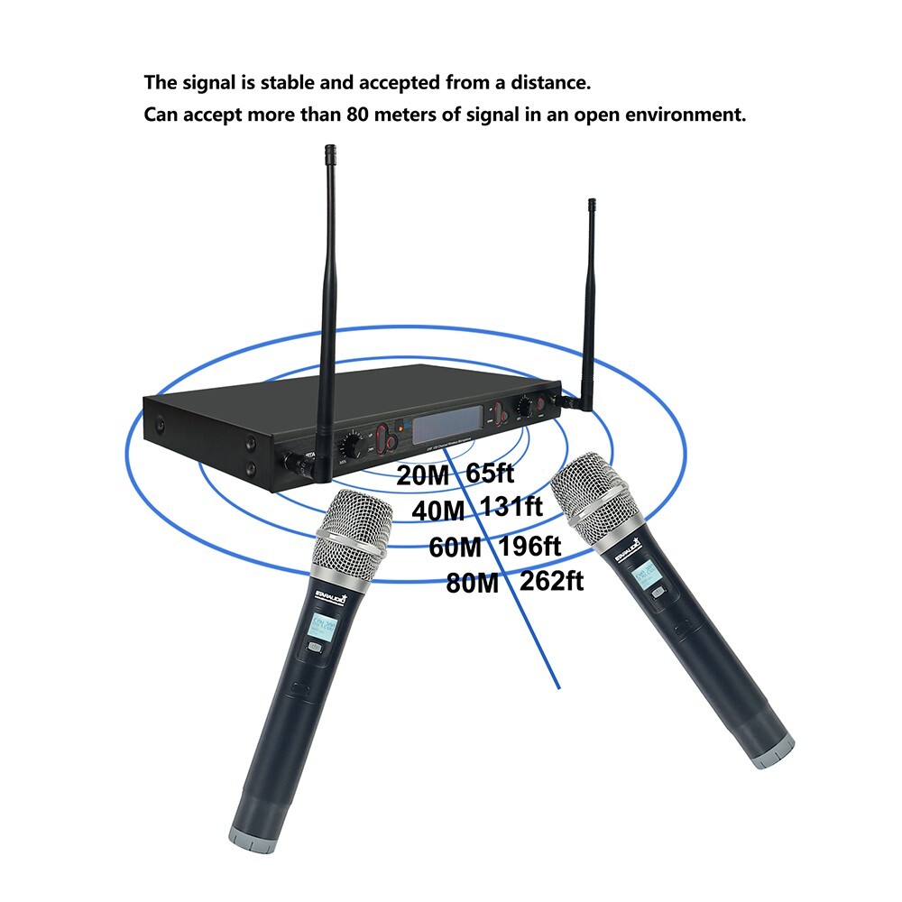 Wireless Microphones System Dynamic 2Channel Handheld Mic Karaoke UHF Microphone