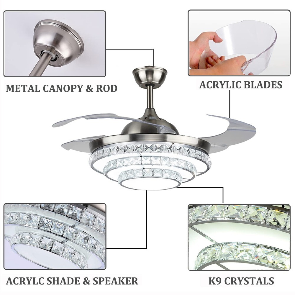 42 inches Silver 3-Ring Crystal Fan Ceiling Light