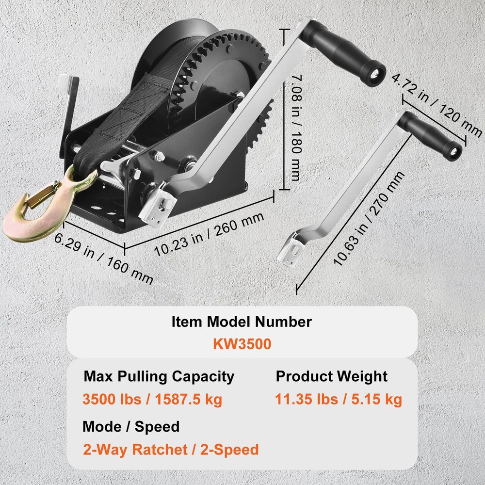 Hand Trailer Winch, Heavy Duty Rope Crank w/33ft Polyester Strap,3500 lb Pulling
