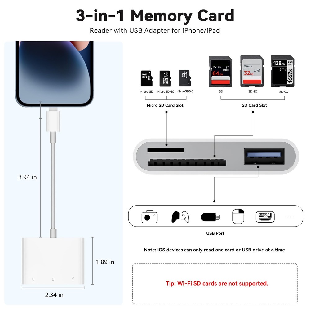 SD Card Reader for iPhone iPad, Micro Memory white