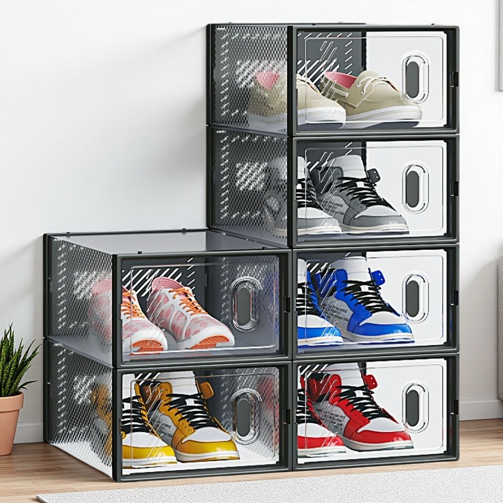 6-Pack Shoe Storage Boxes - Stackable, Plastic Mesh, Door, Black & Small Size