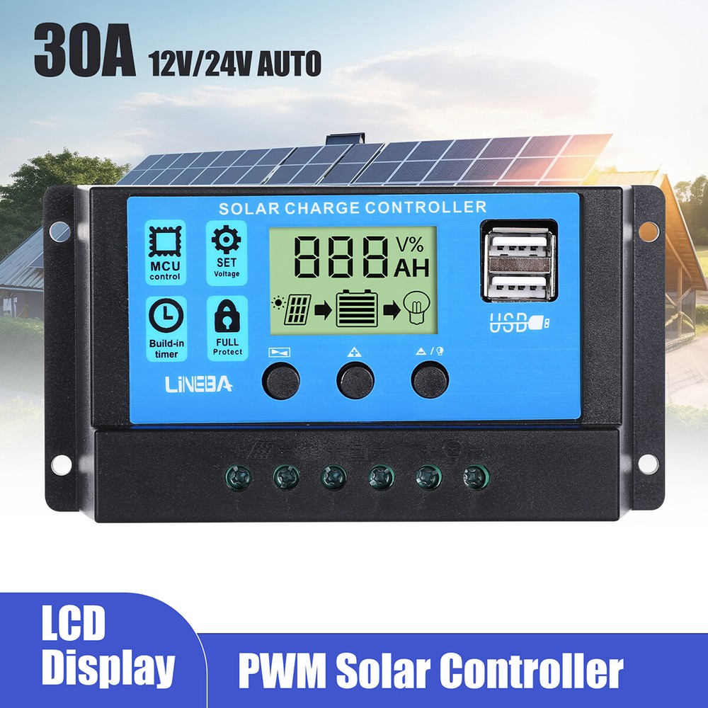 30A PWM Solar Panel Charge Controller 12V/24V Battery PV Regulator 2 USB Auto