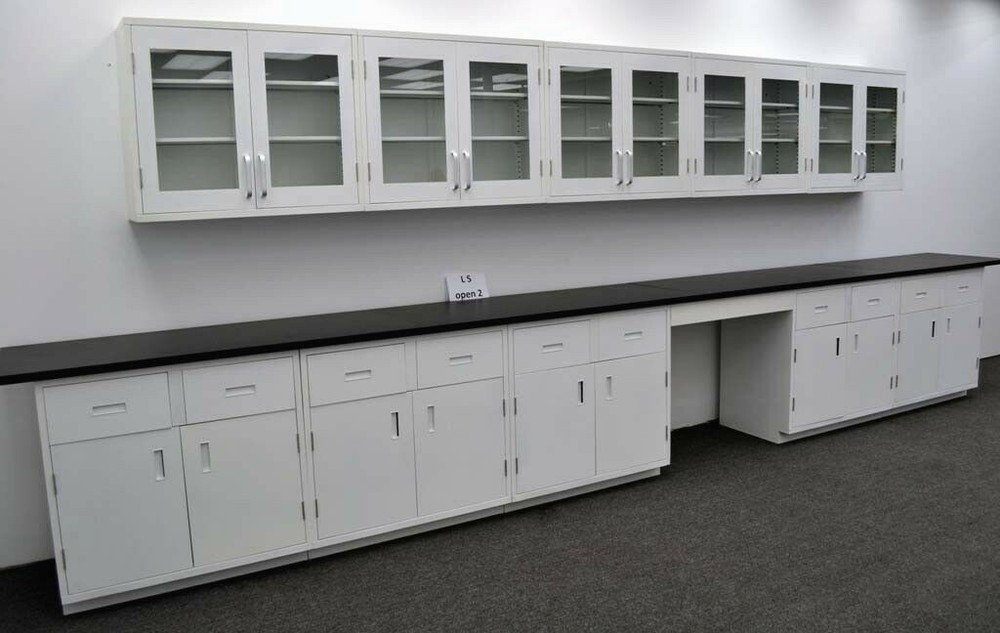 17' Base & 15' Wall Laboratory Cabinet Group w/ Tops & Bench Area / E1-185