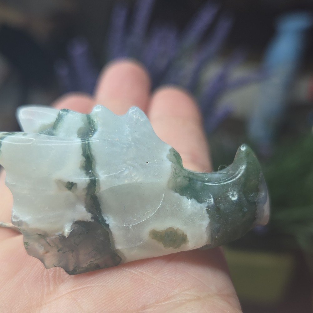 Moss Agate Dragon Head Stone Carving 1.39 oz