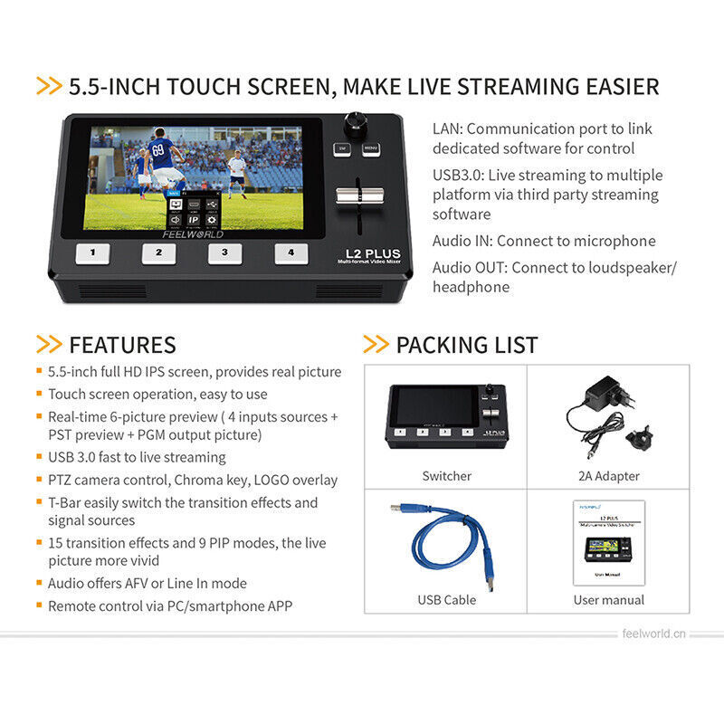 Feelworld L2 PLUS Multi-Camera Video Mixer Switcher 5.5" Touch PTZ Control Panel