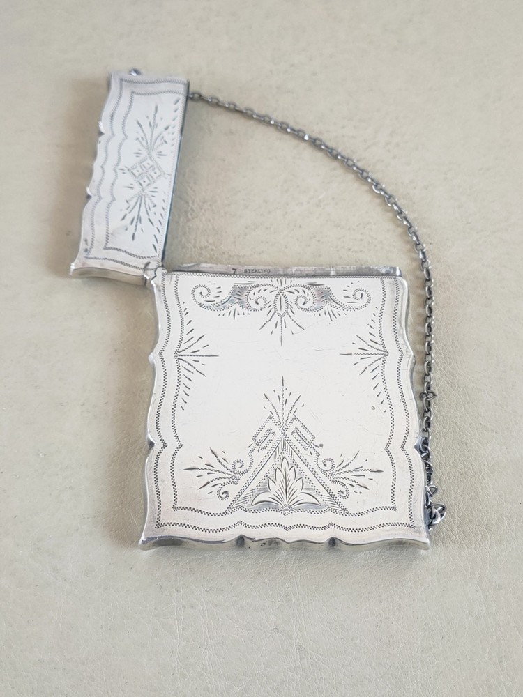 Antique Sterling Silver Calling Card Case With Chatelaine Chain