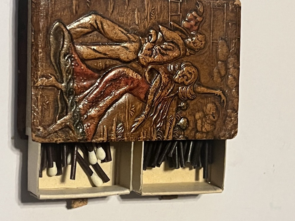 Vintage Figural Match Holder Devil Risqué Barware 3D Carved Matchbox Case