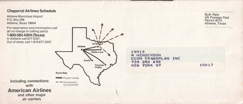 Chaparral Airlines timetable 1982/04/25