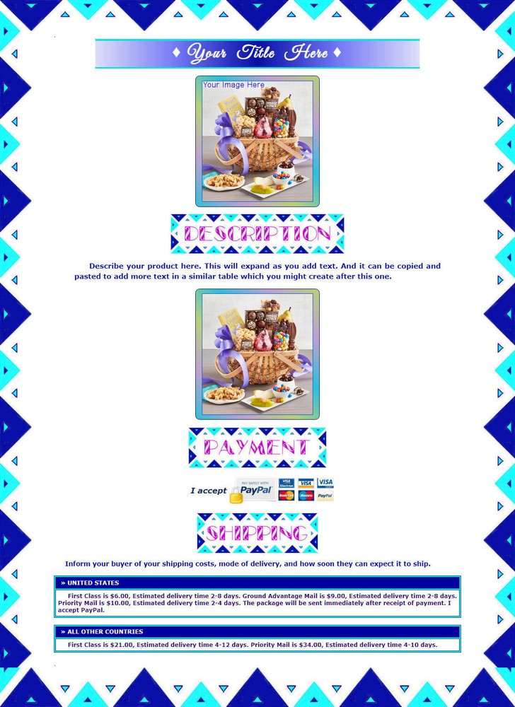 AUCTION TEMPLATE Triangular Border Design Blue Turquoise - FREE Email Shipping