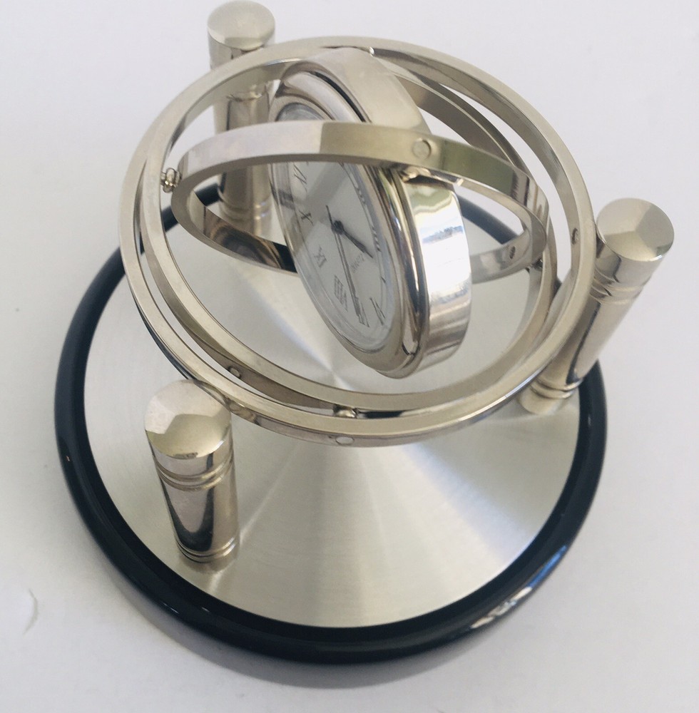 Spinning Gyro Silver Tone Quartz Desk Table Clock Unique