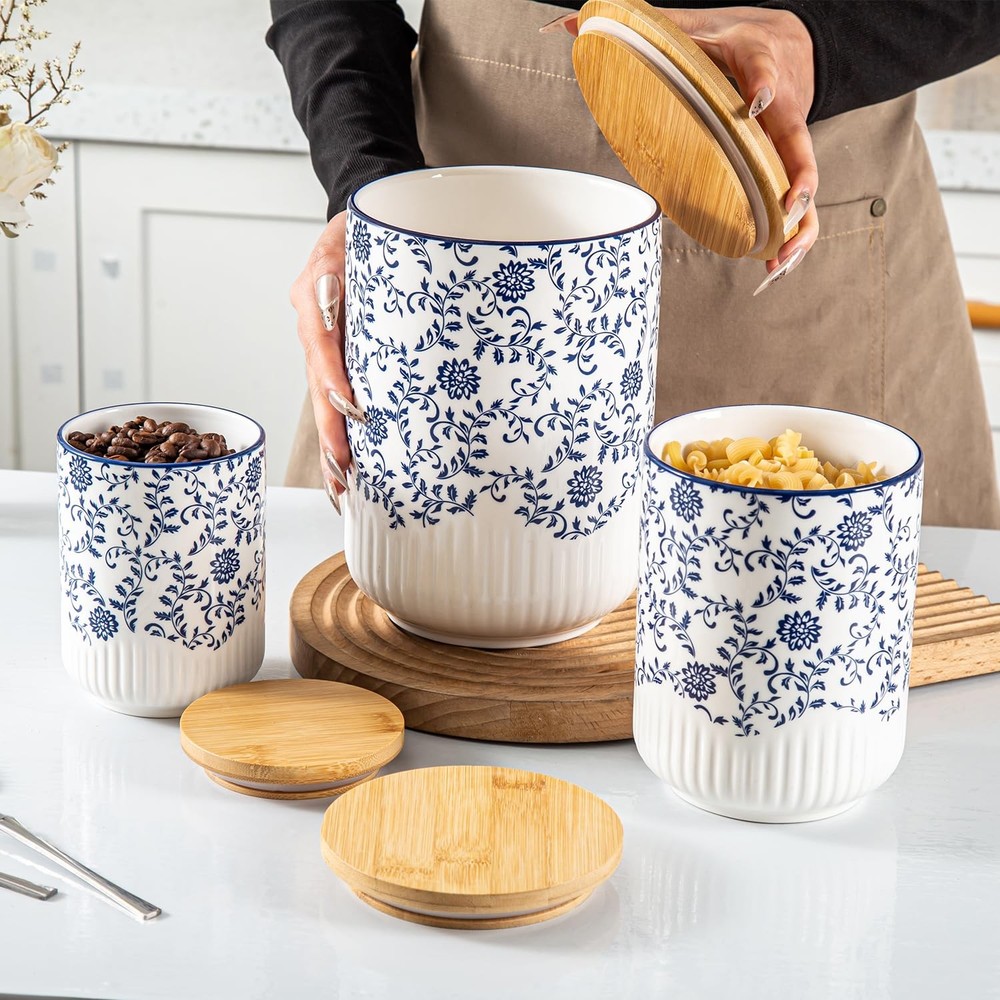 Canisters Sets for Kitchen - Ceramic Kitchen Blue (74oz + 36oz + 18oz)