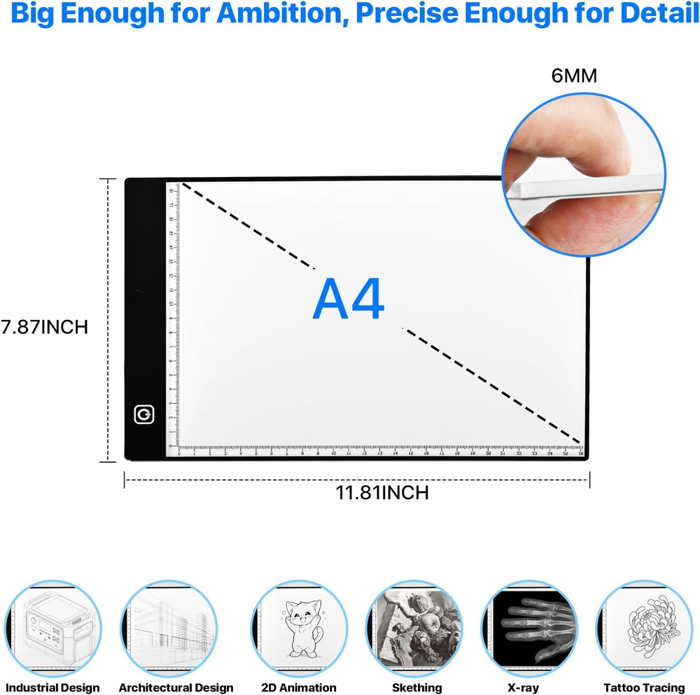 A4 LED Light Box for Tracing and Drawing - Ultra Thin Adjustable Light Table, US