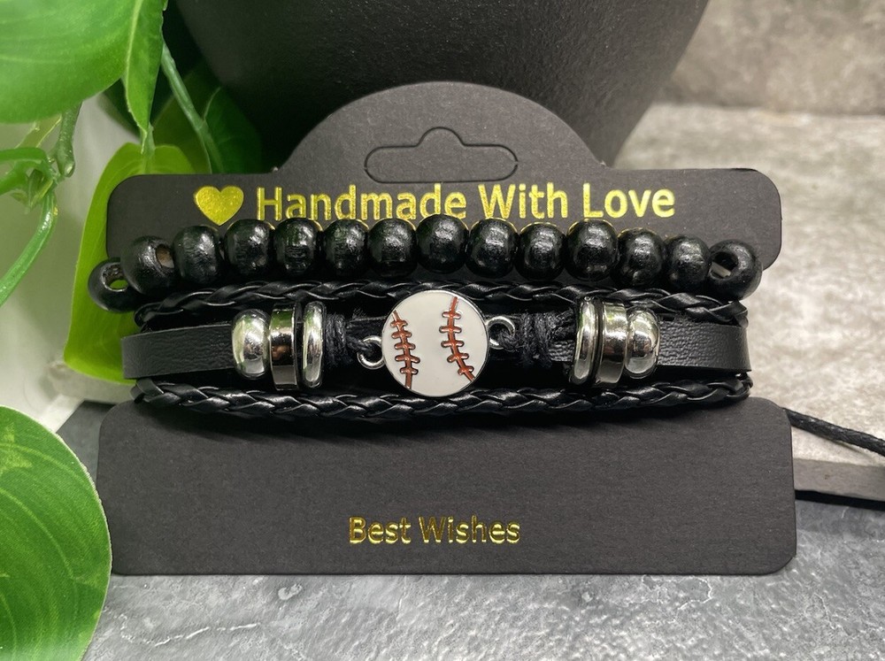 2 PC Baseball Wood Bead PU Leather Bracelet Stackable Adjustable Tie New B3360