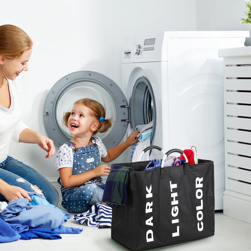 1-Collapsable 3-Section Laundry Bag Foldable Oxford Fabric Laundry Hamper GCXT