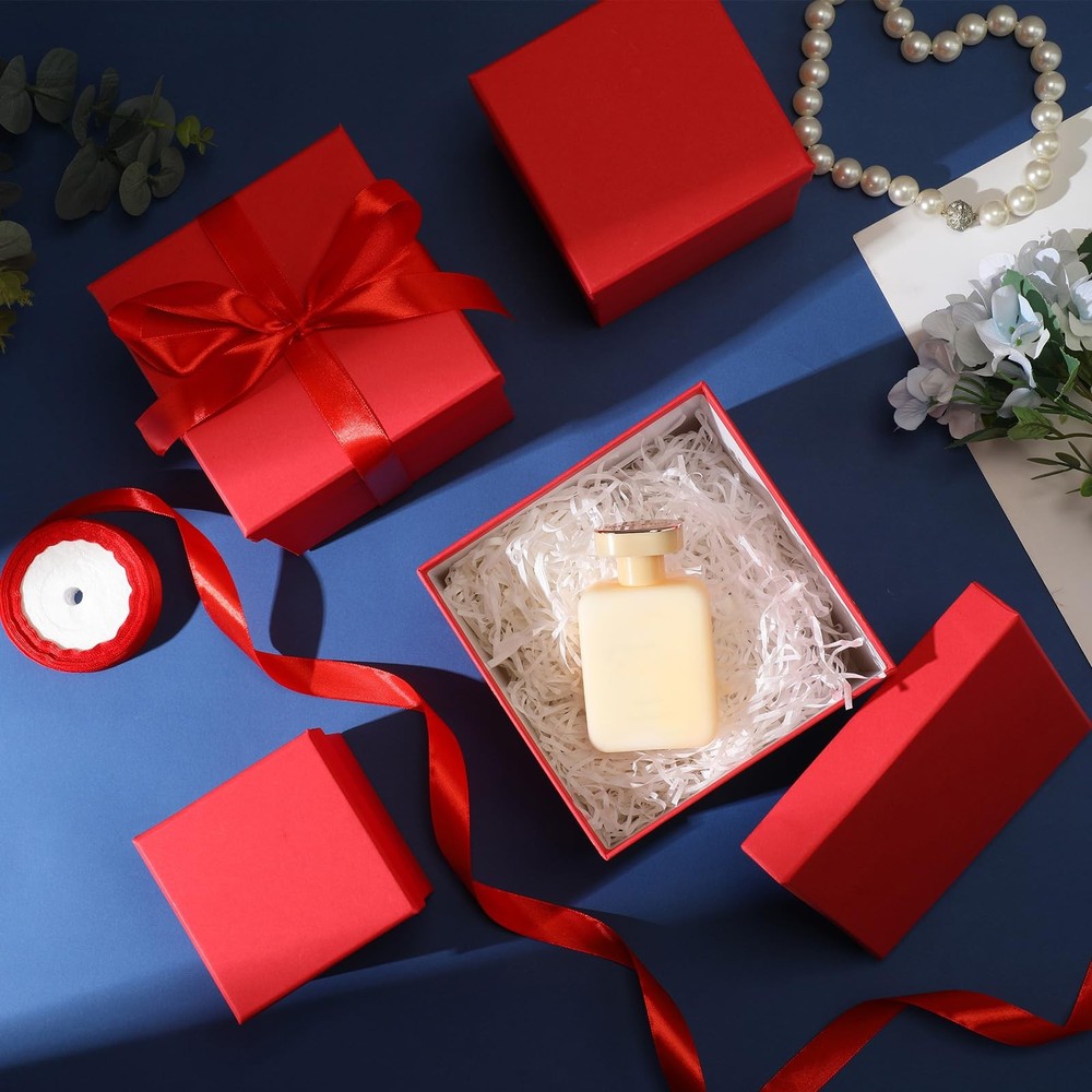 5 PCS Square Nesting Boxes Decorative Lids Ribbon Assorted Sizes Bright Red