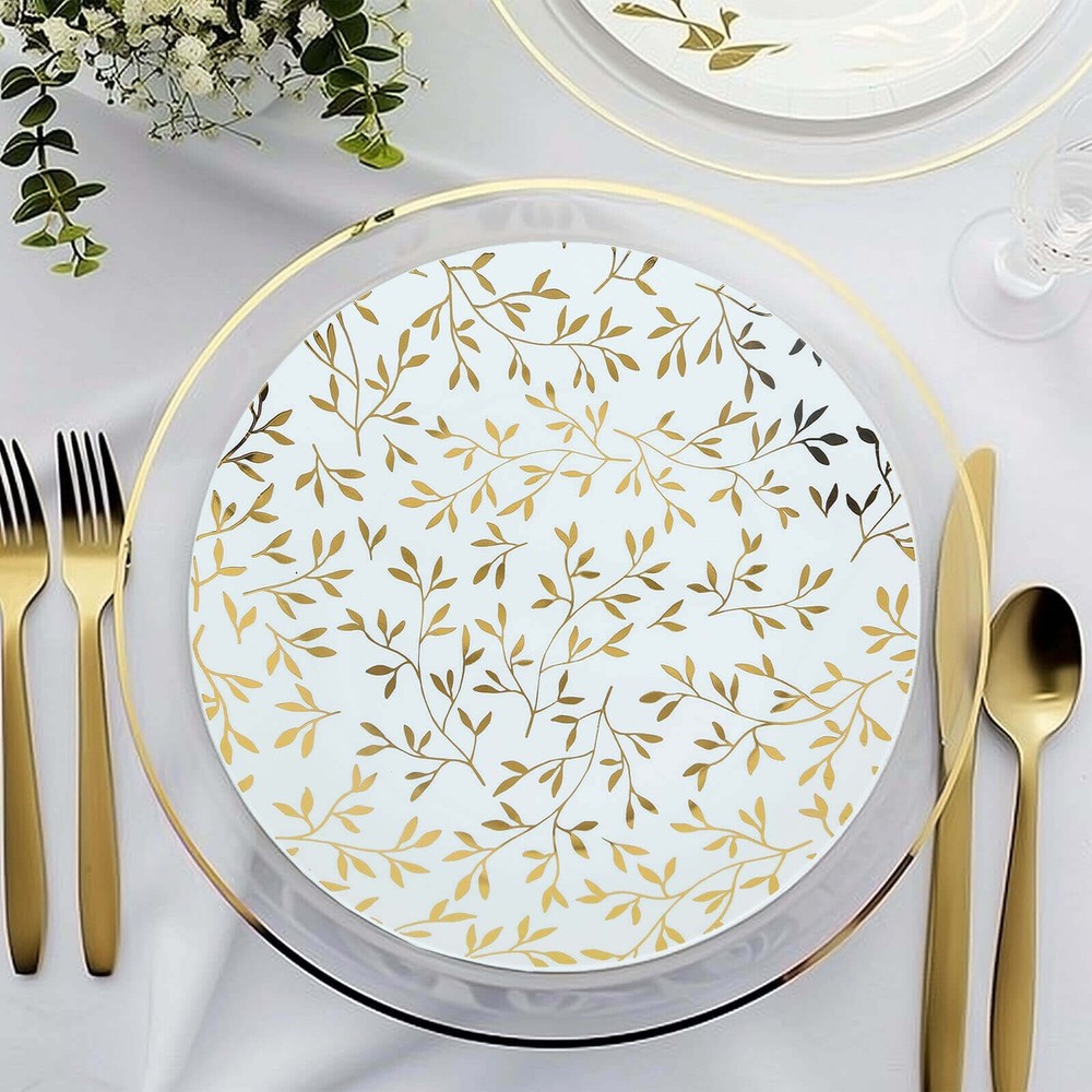10 White 10" Round Plastic Salad Dessert Plates Gold Leaf Design Tableware