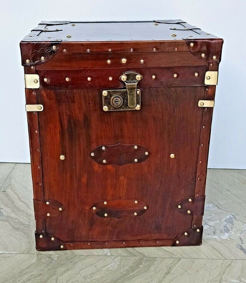 Trunk Box Leather English Inspired Side Occasional Table Trunk