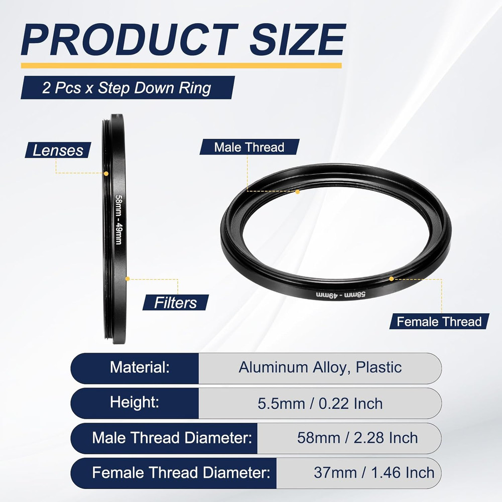 Step down Ring Adapter 58Mm to 49Mm, 2 Pcs Filter Step-Down Rings Camera Lens Fi