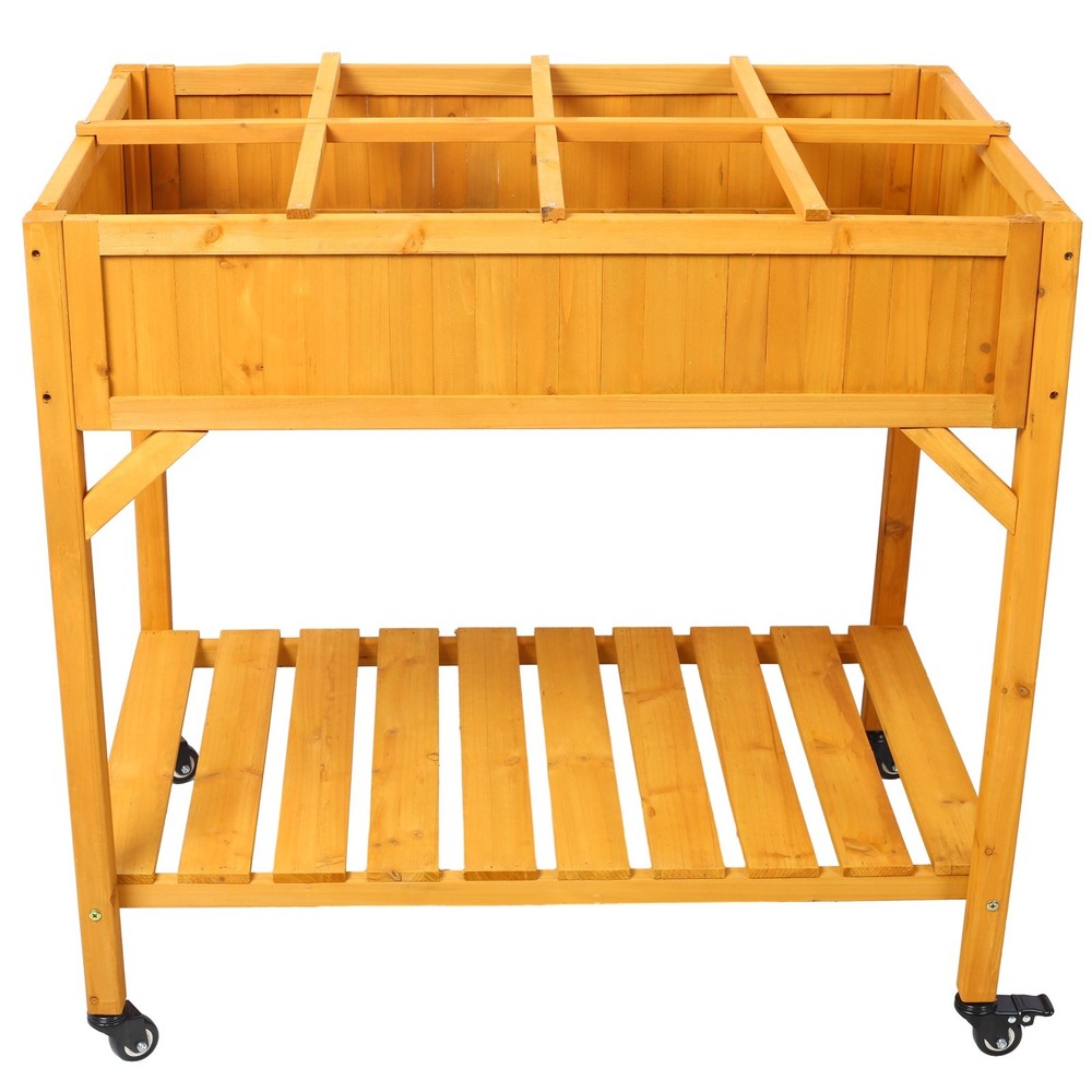 Mobile Elevated 8-Pocket Wood Planter w/ Lockable Wheels & Storage Shelf