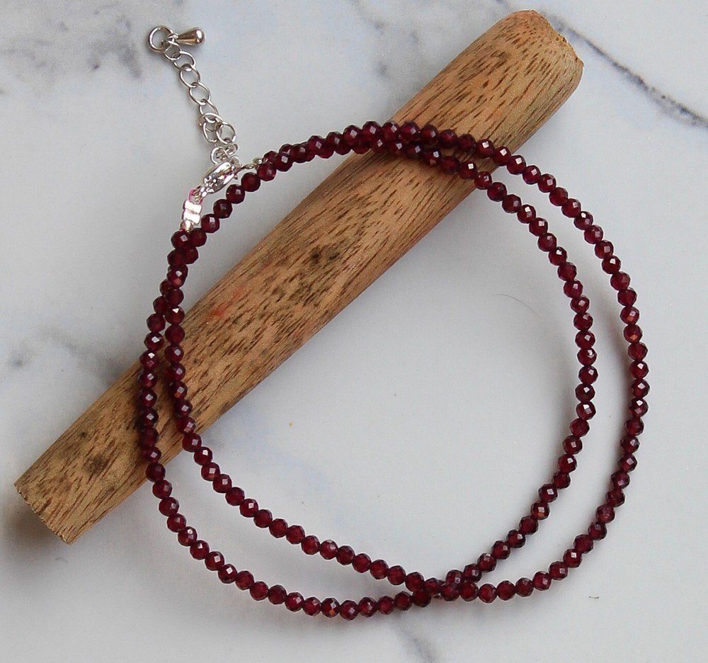 Natural Red Garnet Gemstone 3 MM Round Micro Faceted Beaded Necklace