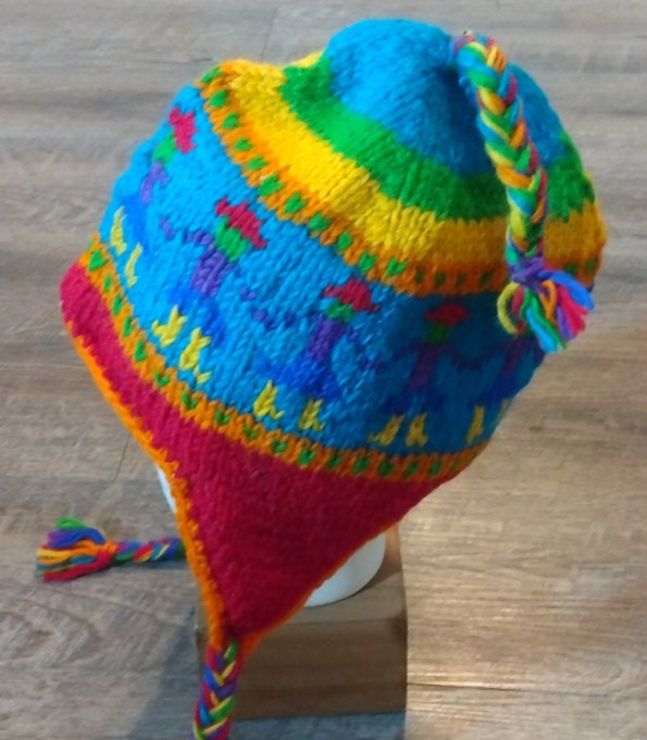 Peruvian 100% Wool Hat Multicolor Chullo Hat Ear Flap Rainbow Boho Granola Braid