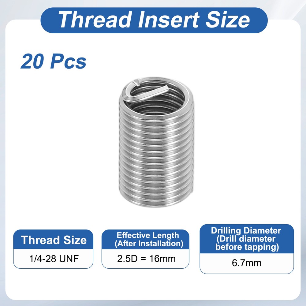 20pcs Wire Thread Inserts 1/4-28 UNF 2.5D 16mm Helical Threaded Sleeve