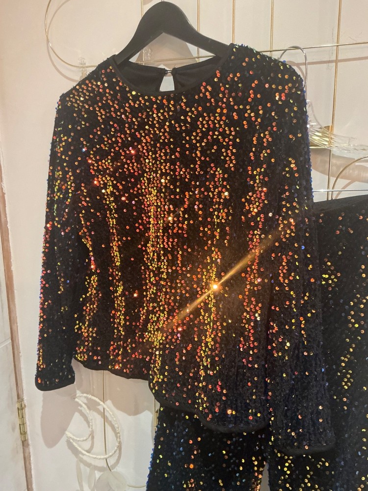 Iridescent Sequin Two Piece Set Trousers & Blouse Size 14 16