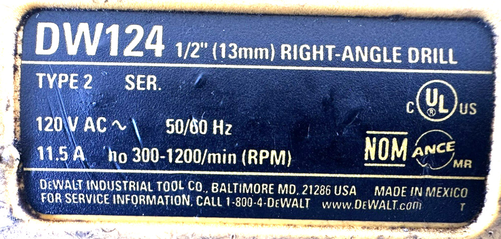 Dewalt DW124 1/2" Joist & Stud Drill Power Tool Right Angle Drill