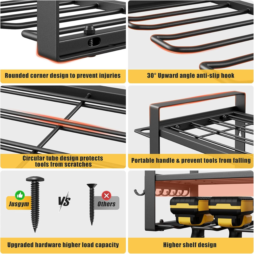4 Tier Wall Mount Power Tool Organizer Rack with 8 Drill Holders