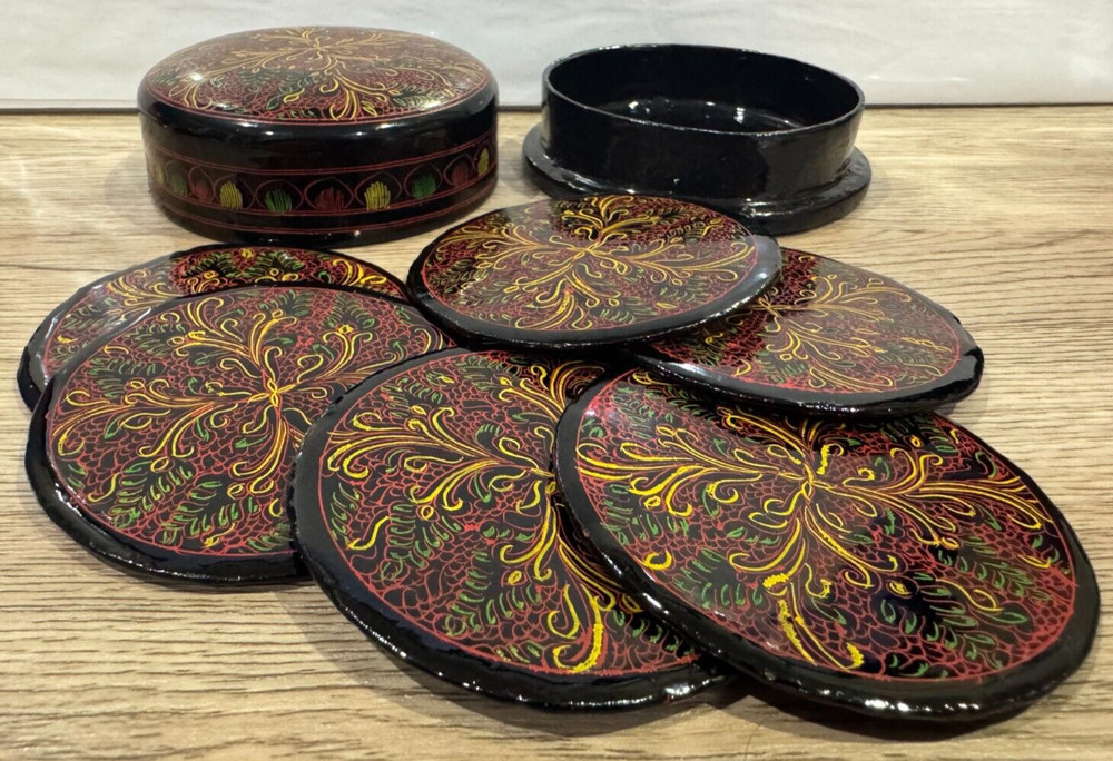 Six Lacquerware Coasters in Round Lacquerware Container