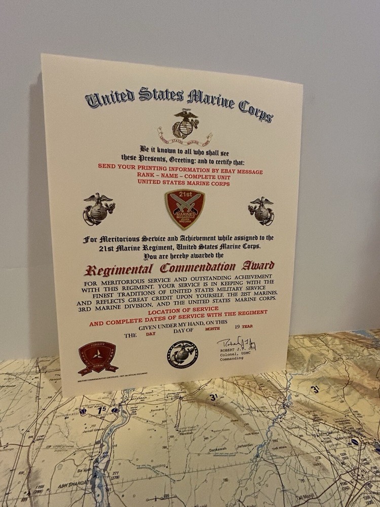 U.S.M.C. / 21ST MARINE REGIMENT - REGIMENTAL COMMENDATION AWARD CERTIFICATE