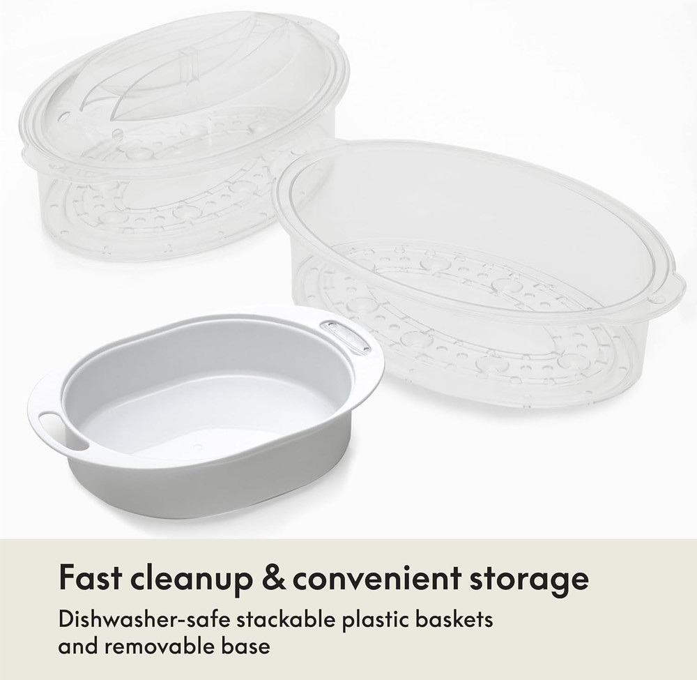 Two Tier Food Steamer with Stackable Baskets & Removable Base for Fast Simultane