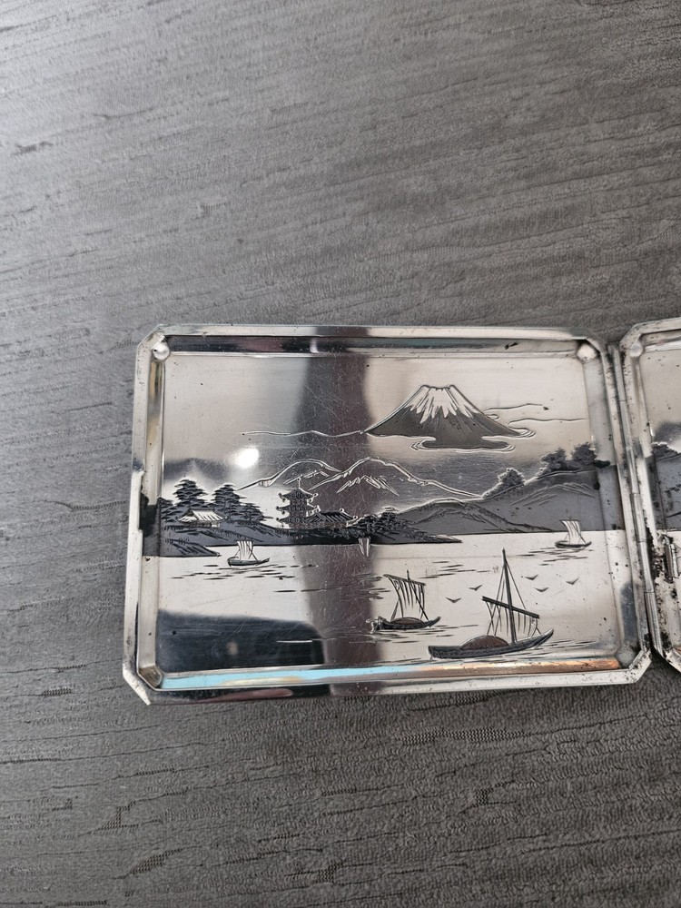 Beautiful 950 Solid Silver Japanese Niello Cigarette Case Signed & 950 Silver
