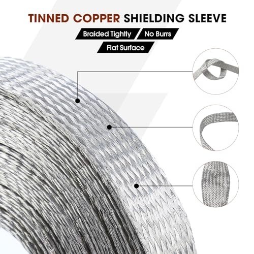 Flexible Tinned Copper Braid Cable Shielding Sleeve Ground Straps - 28ft Expanda