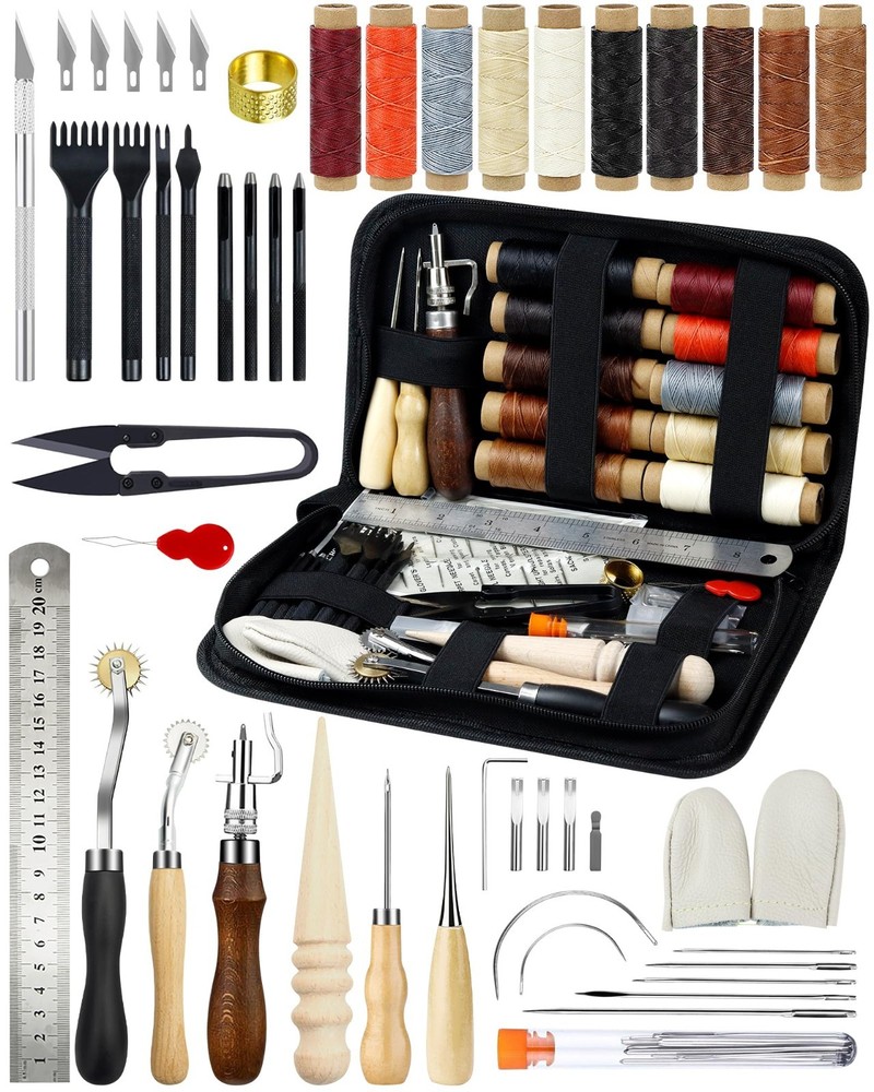 Leather Craft Kit for Beginners - Professional Tools, Waxed Thread, Groover & Pu